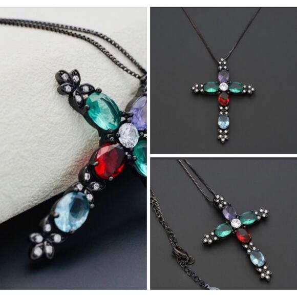 MULTI COLOR STONE CROSS PENDANT NECKLACE 18-20” ADJUSTABLE STANDARD SZ. - Picture 4 of 7